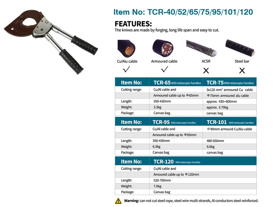 مشخصات قیچی کابل بری جغجغه ای TCR-75