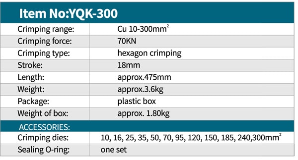 جدول مشخصات پرس کابلشو yqk-300برند زوپر