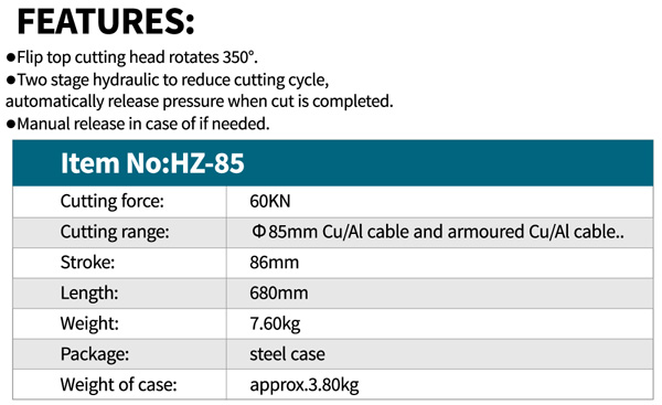 مشخصات فنی قیچی کابل بری قطر 8.5 سانتی متری