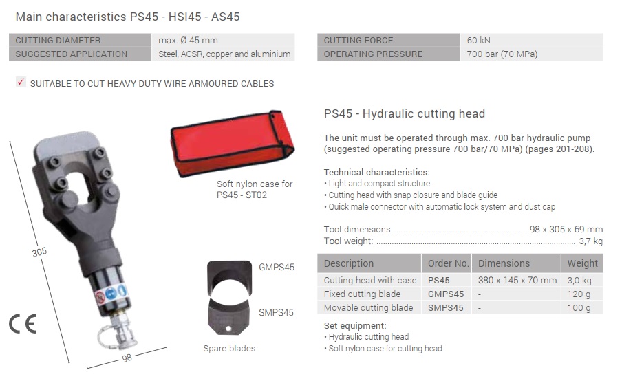 مشخصات قیچی کابل بری هیدرولیک پایی PS45